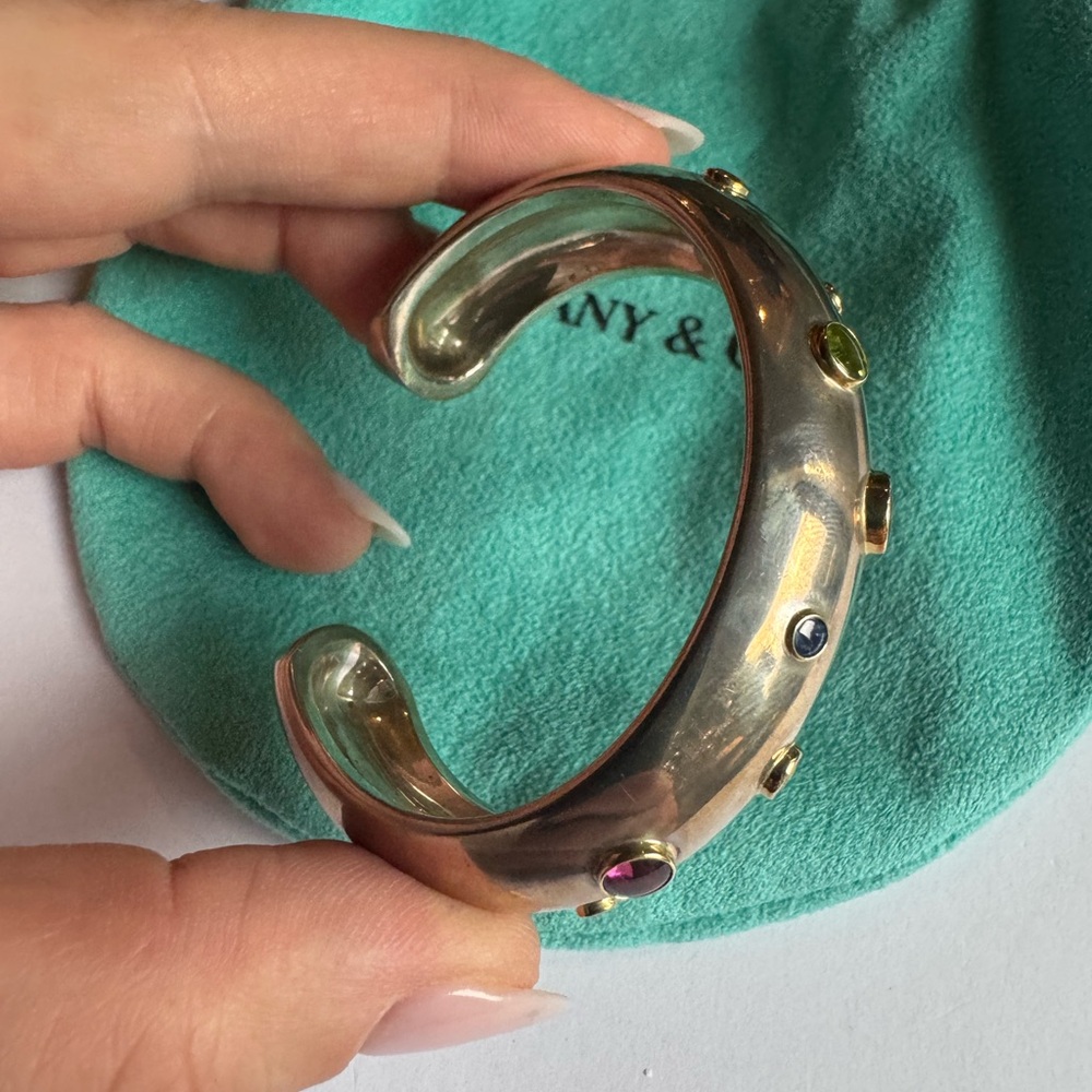 Tiffany & Co Sterling Silver and 18K Gold Multi-Gemstone Cuff 6" Wrist 85.6g - Picture 2 of 16